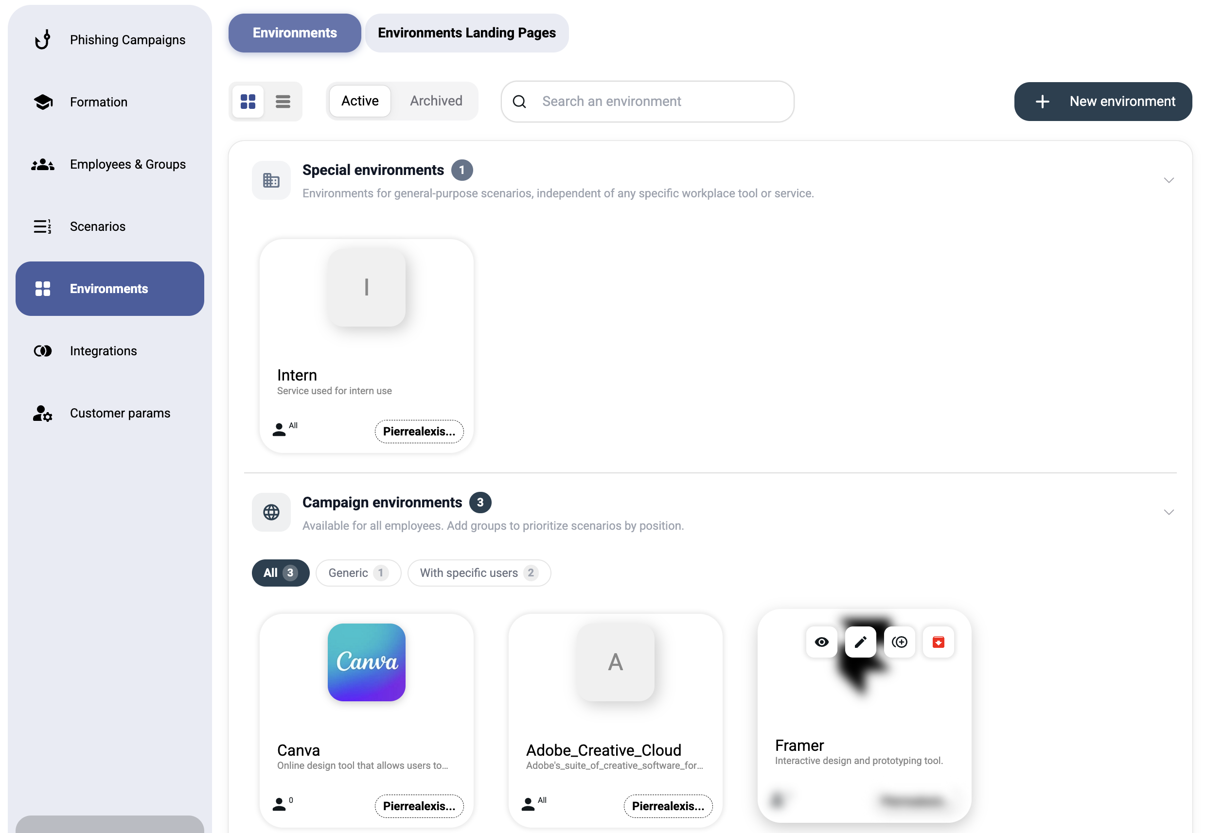 Environments list with category headers, environment cards, and status indicators
