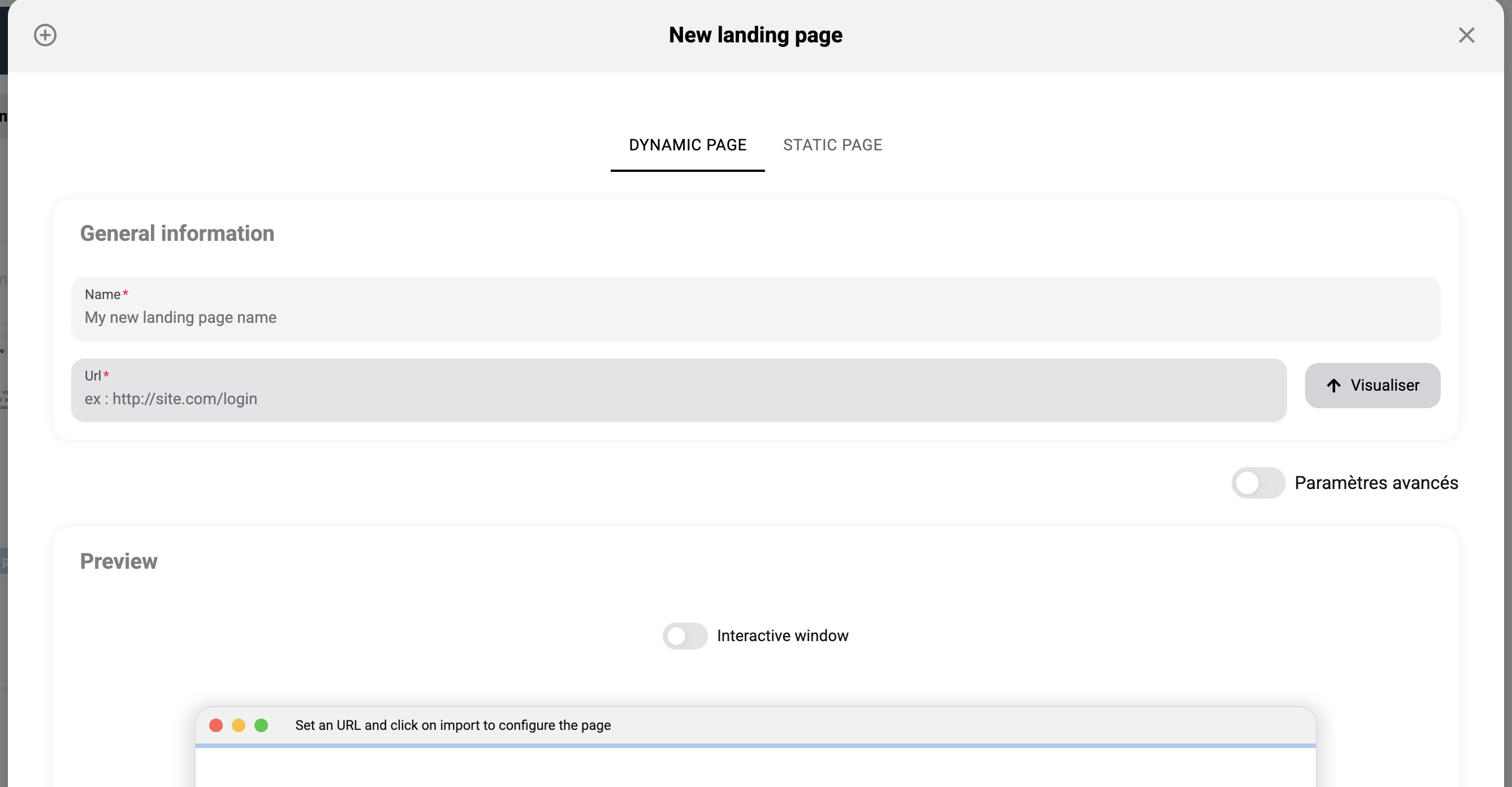 New landing page creation — Dynamic Page with URL import and preview