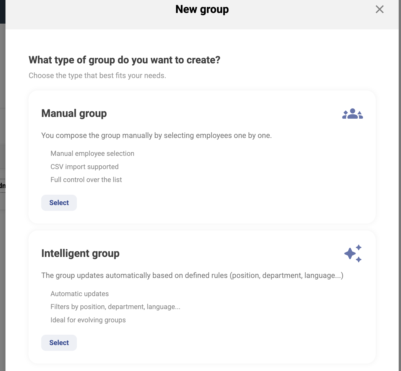 Group type selection — Manual group or Intelligent group