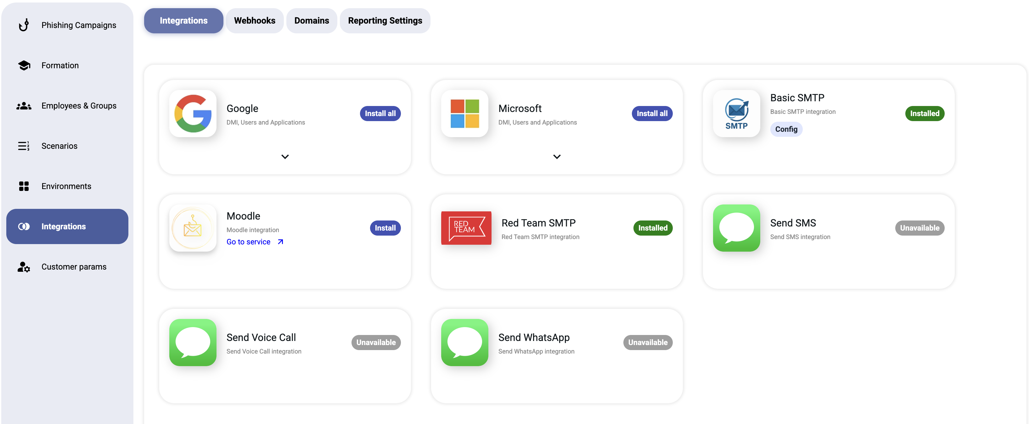 Integrations page showing all available connectors with status badges