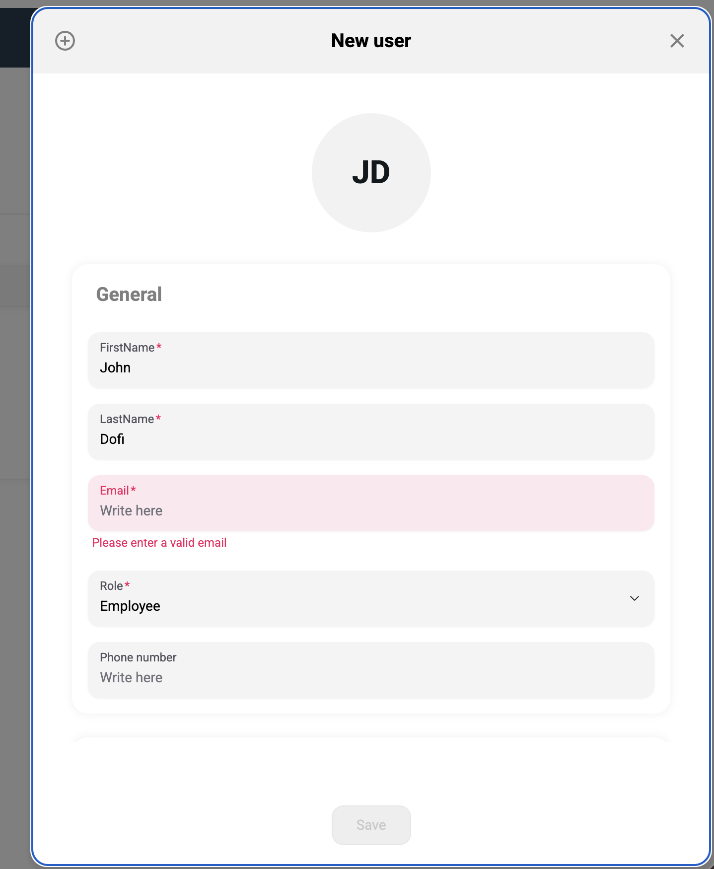 New employee form — General and Job information fields